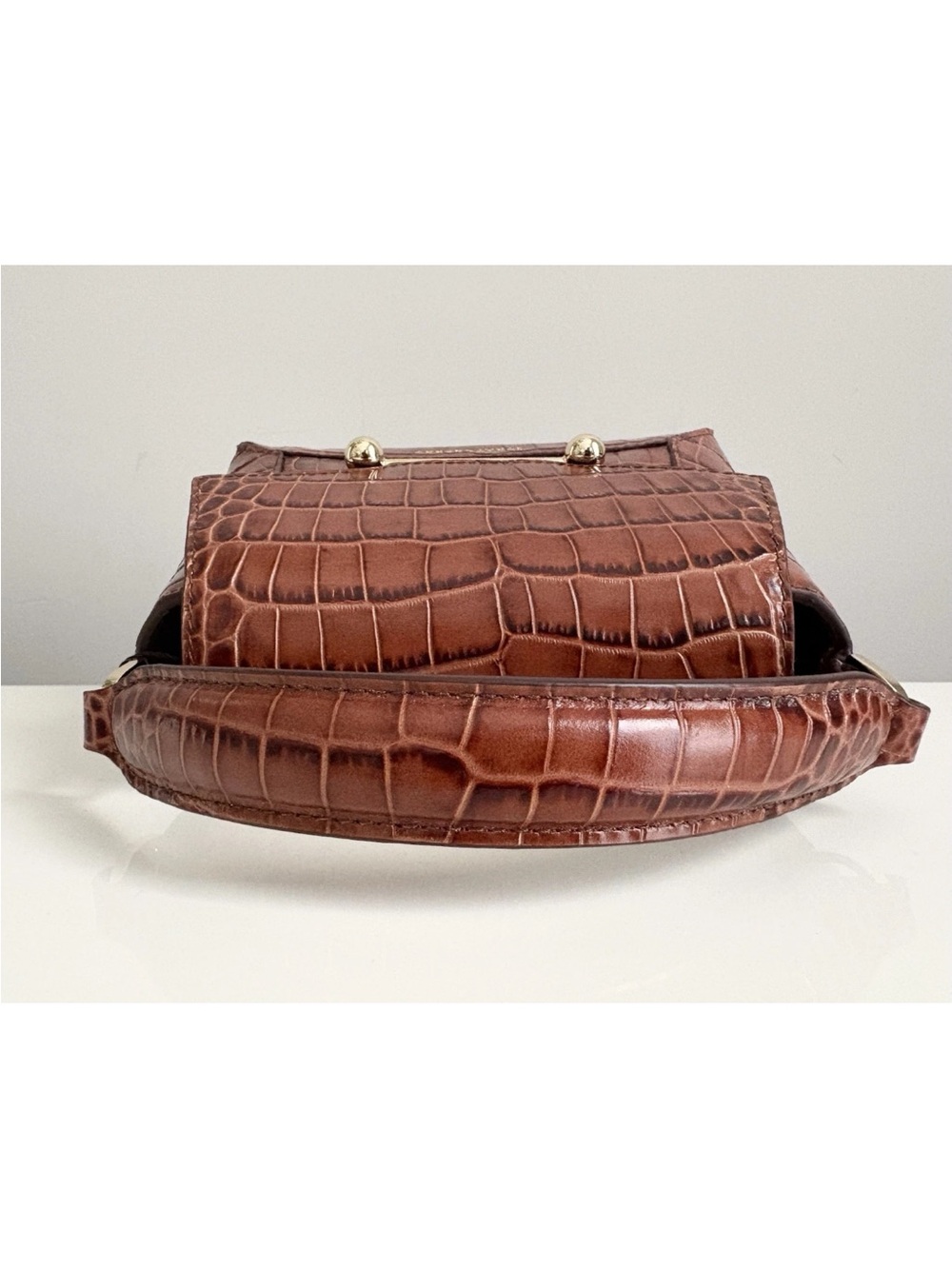 NEW Strathberry Mosaic Nano Brown Croc Embossed Leather Top Handle Crossbody Bag - Picture 8 of 16